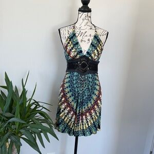 Sky Multicolor Halter Mini Dress with Black Crochet Waist
